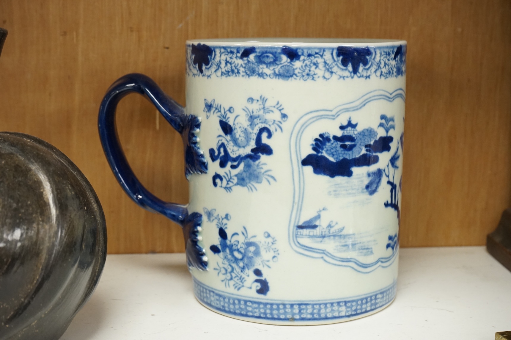 Oriental items to include a crackleglaze bowl on stand and a bamboo brush pot, together with two other vessels, largest 27cm in diameter
